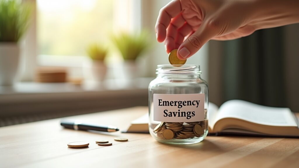 Person adding small amount to emergency savings jar