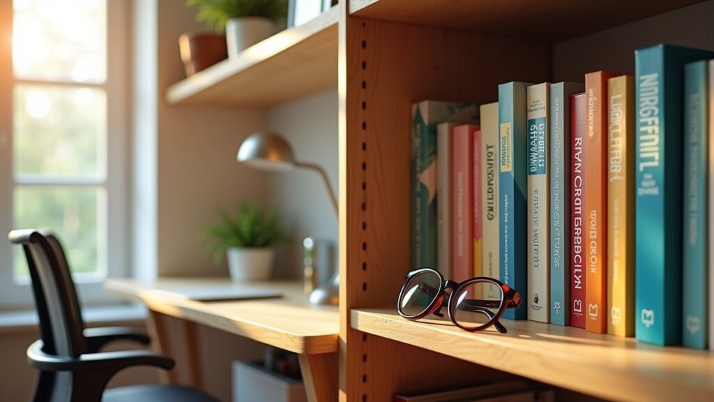 Bookshelf with organized personal finance and budgeting book collection