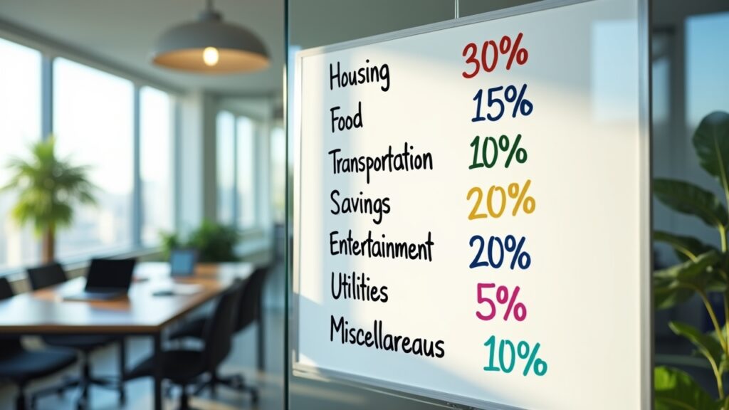 List of budget categories written on whiteboard with percentages