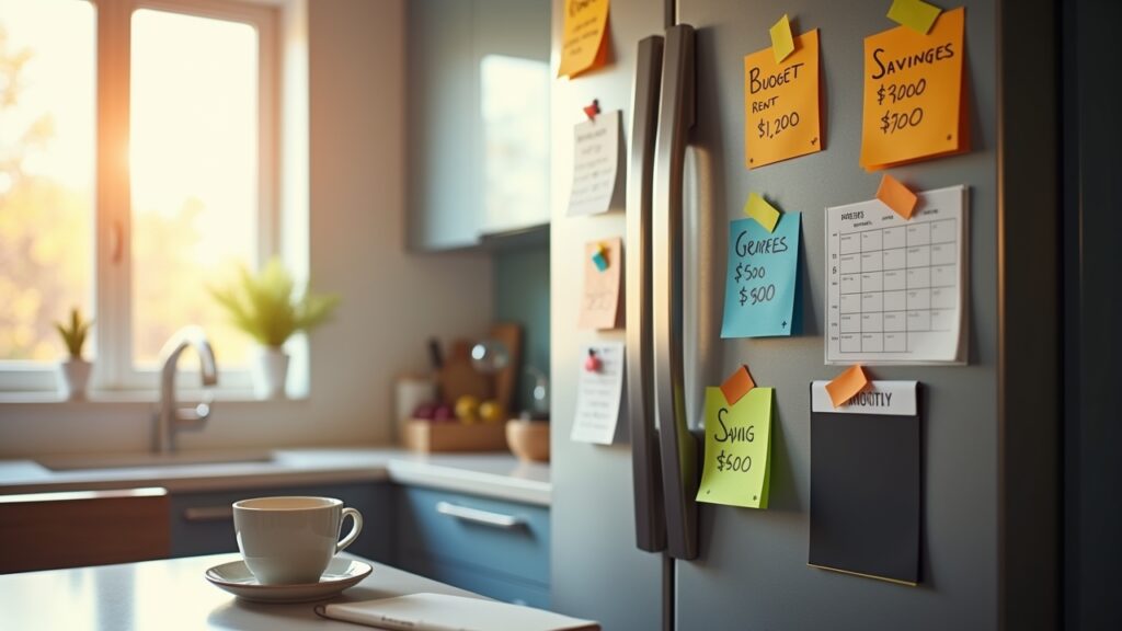 Visual reminder system with budget goals posted on refrigerator