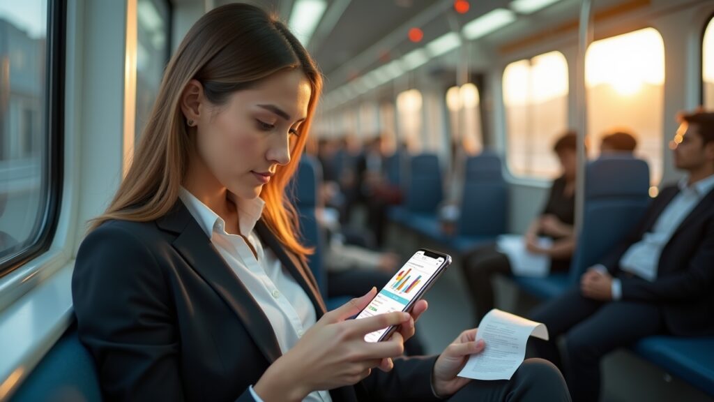 Busy professional using expense app while commuting on train