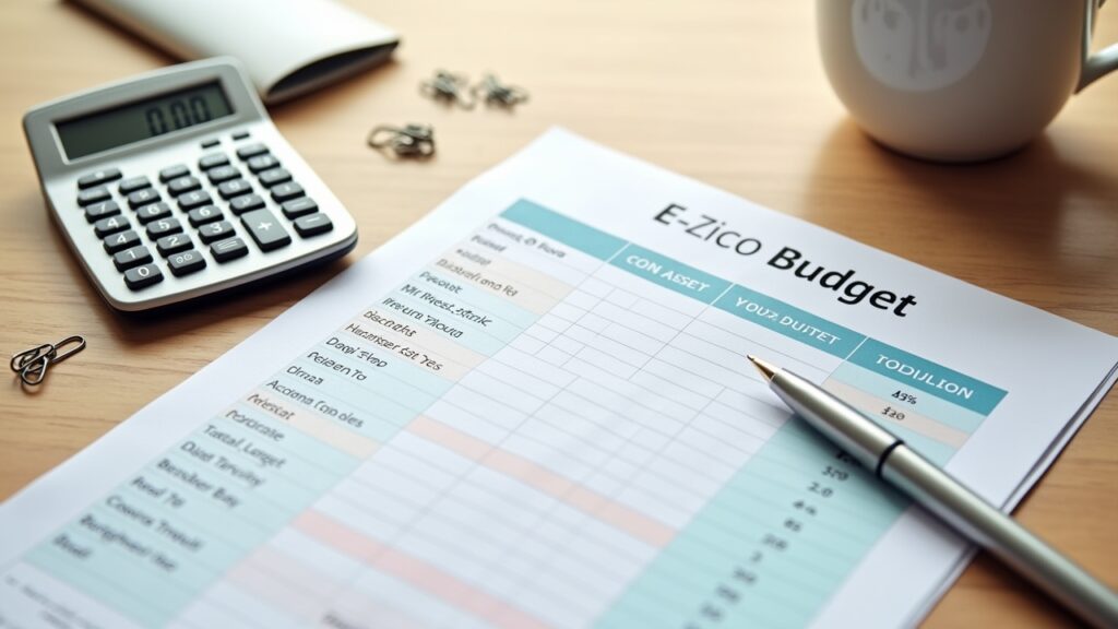 Calculator and pen with zero-based budget worksheet