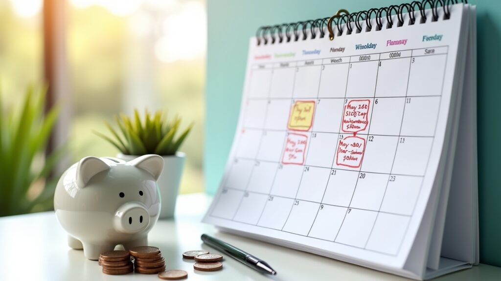 Calendar with marked future expenses and corresponding savings amounts