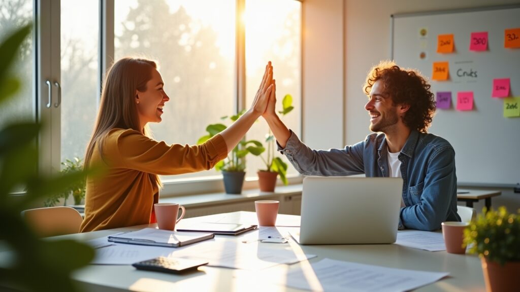 Happy couple high-fiving after successful budget meeting