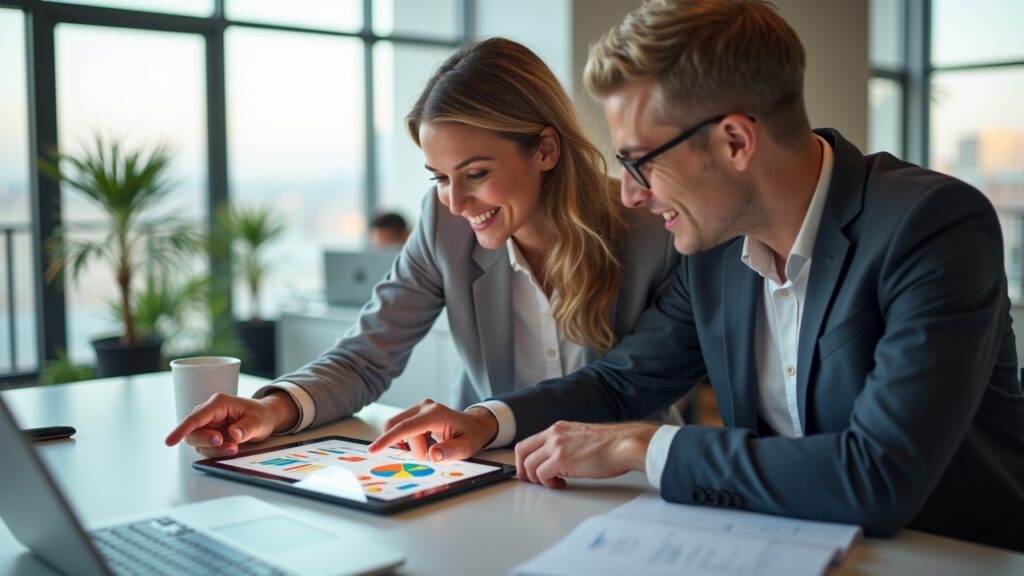 Two people looking at shared budget on tablet screen