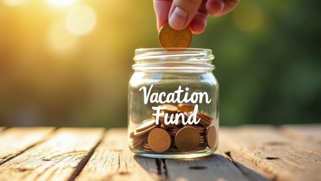 Hand dropping coins into jar labeled vacation fund