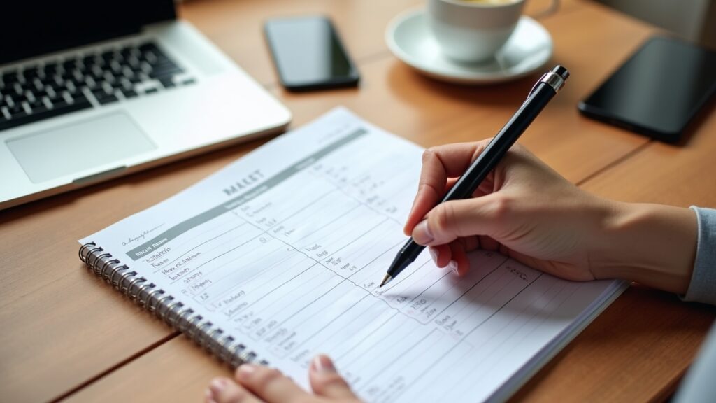 Hand filling out budget planner worksheet with neat handwriting