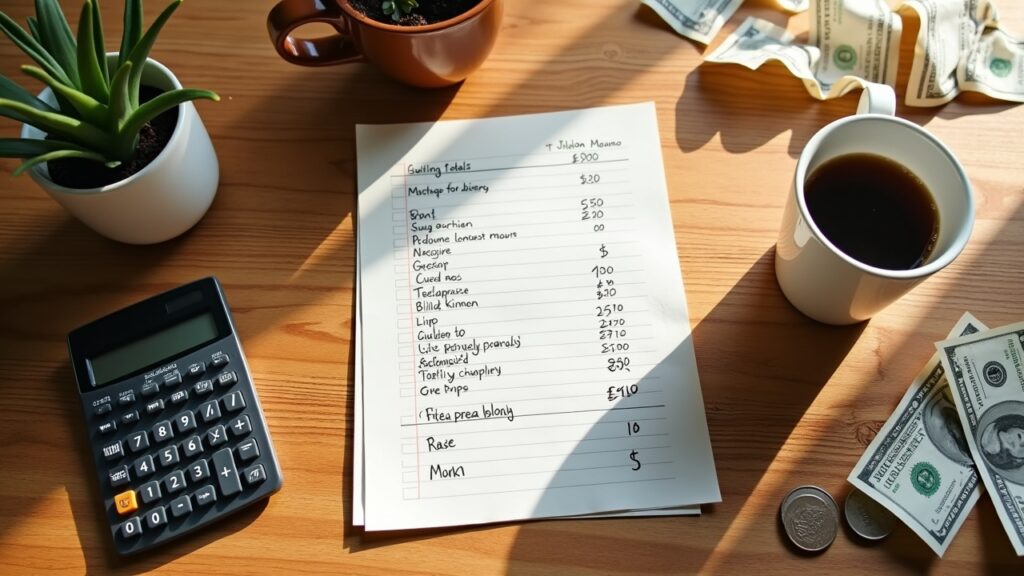 Grocery list with prices and calculator showing careful expense planning