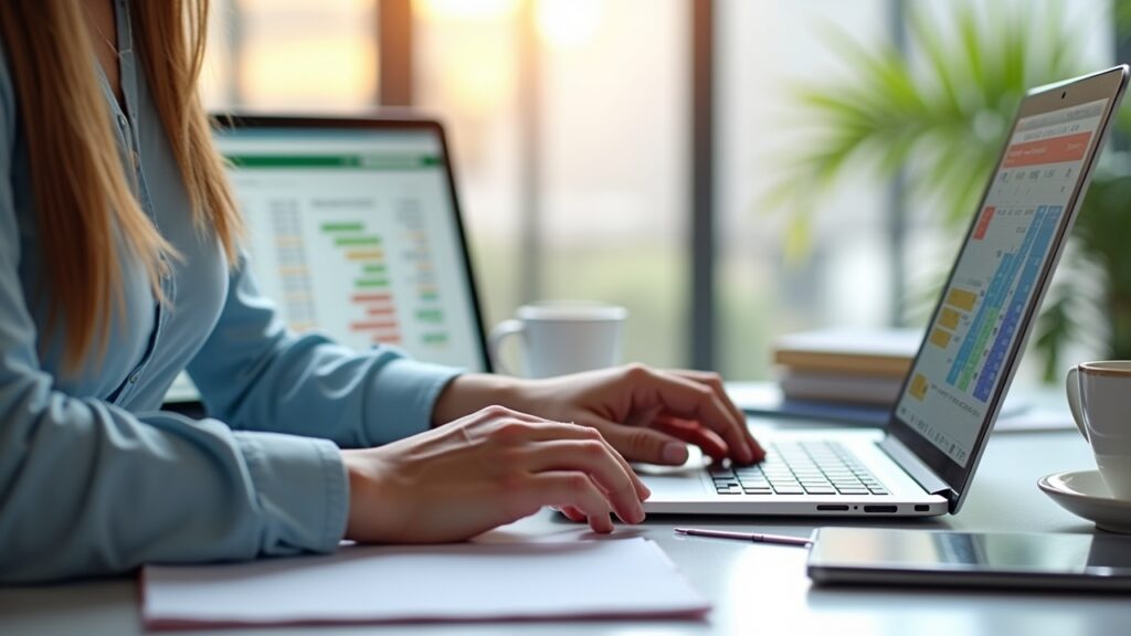 Hands working on budget spreadsheet with formulas visible