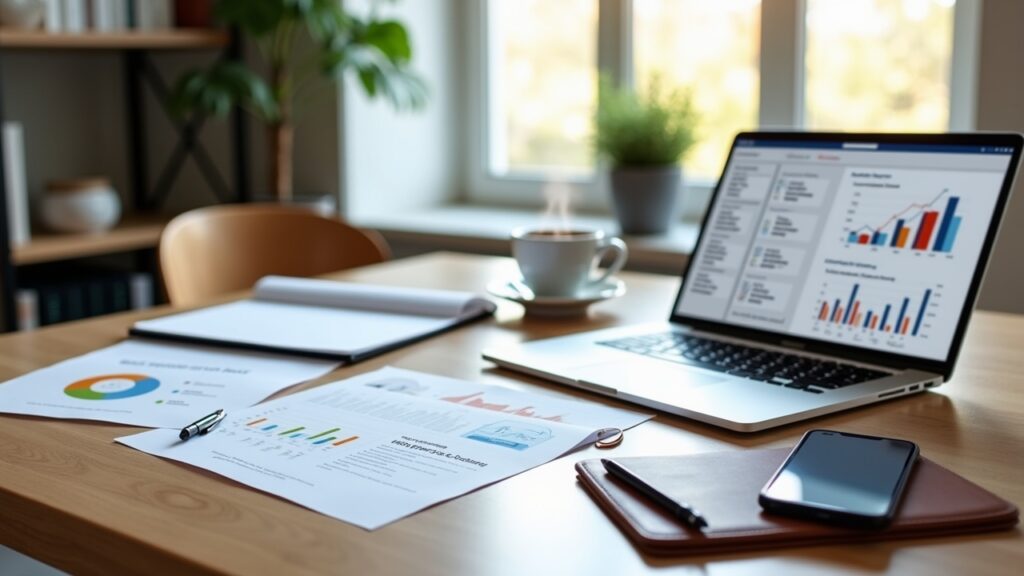 Home office setup with multiple income stream documents