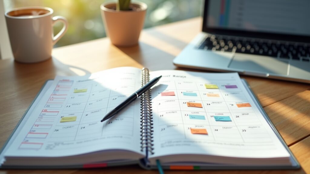 Open budget planner showing monthly layout with pen