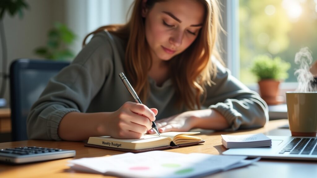 Person planning weekly budget with small notebook