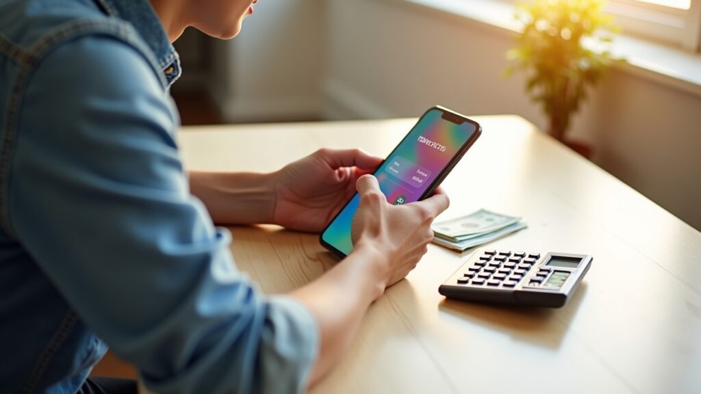 Person using budgeting app on phone with calculator and bills nearby