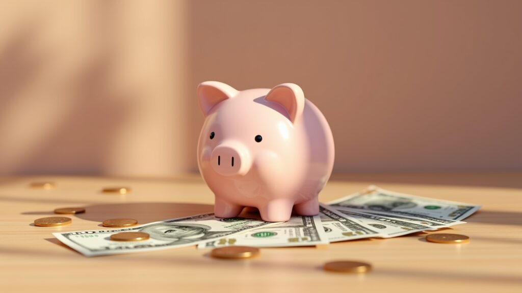 Piggy bank with dollar bills and coins surrounding it