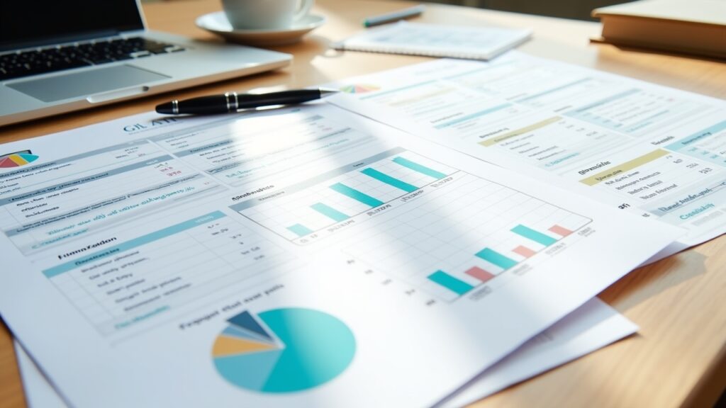 Multiple printed budget spreadsheet templates laid out on desk