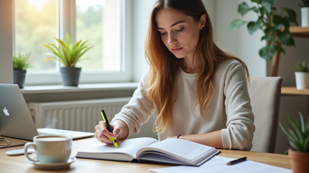 Person reading budgeting book with highlighter and notes