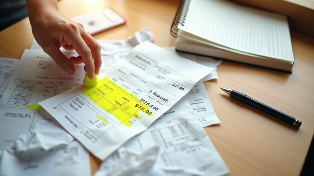 Receipt collection with highlighter marking important expenses