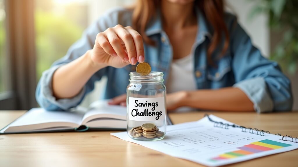 Person placing money into savings jar with challenge tracker nearby