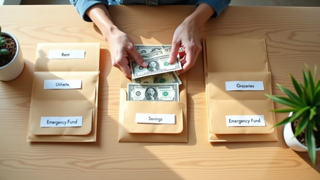 Hands sorting cash into different labeled envelopes on table