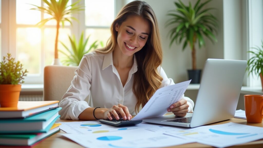 Happy person at desk successfully organizing financial documents and smiling