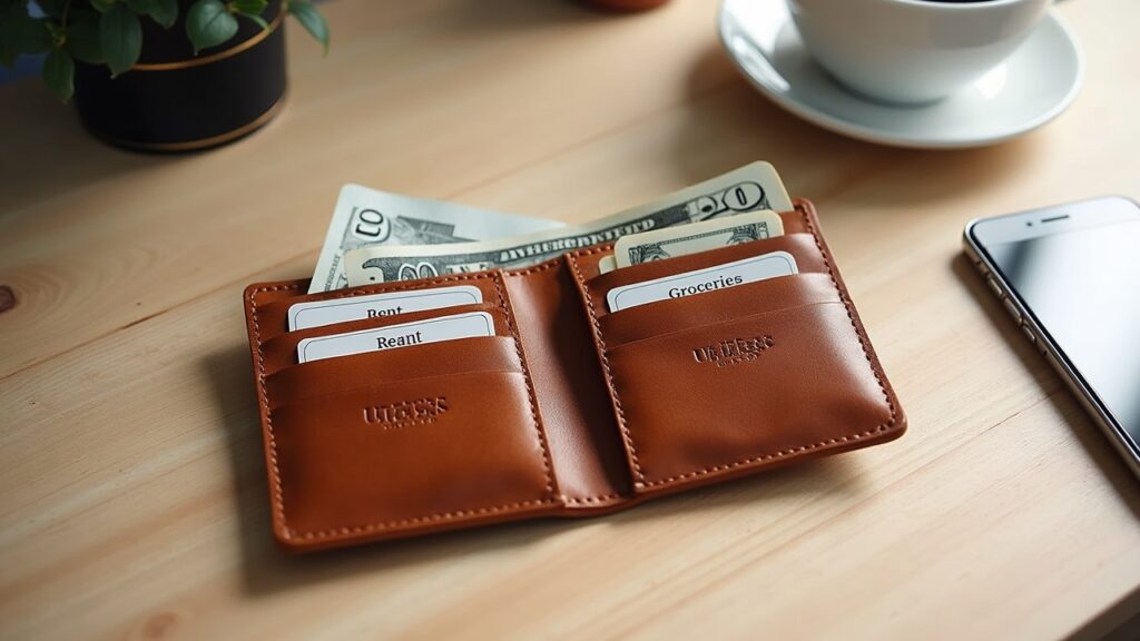 Wallet with envelope dividers and cash organized by spending category