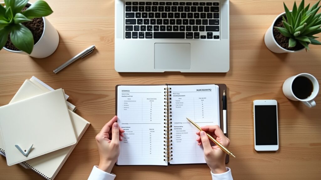 Hands writing in budget planner with organized desk setup