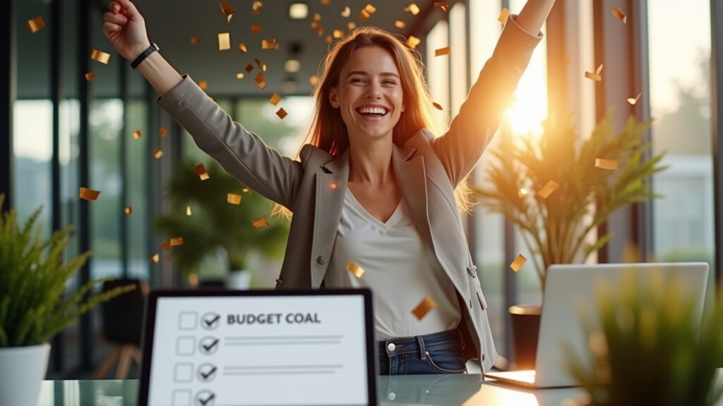 Achievement celebration with completed budget goal checklist