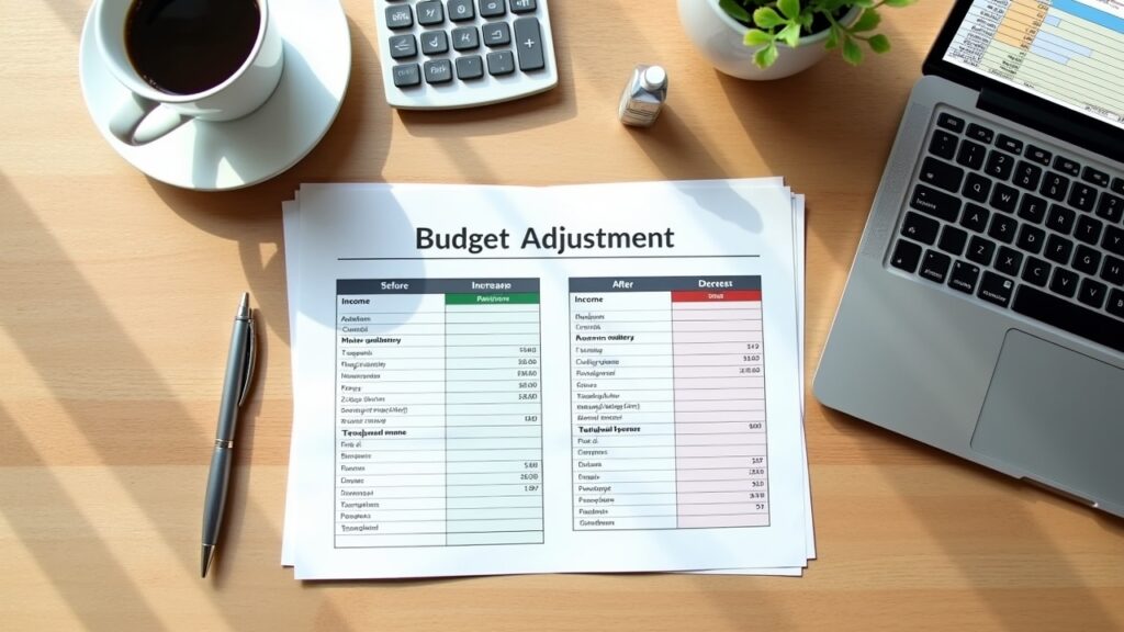 Budget adjustment worksheet showing before and after income