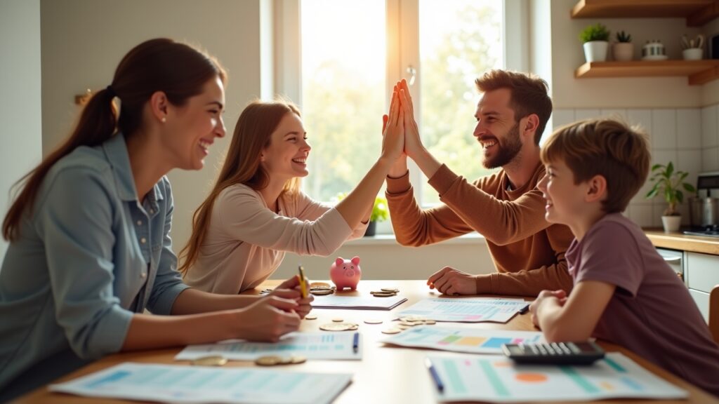 Happy family after successful budget planning session