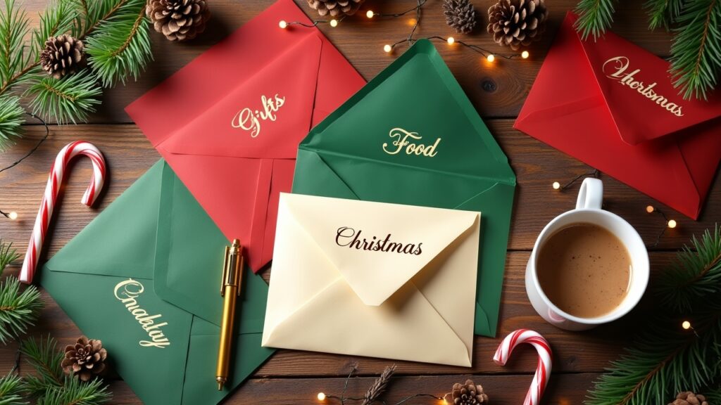 Holiday envelope budgeting system with christmas labels