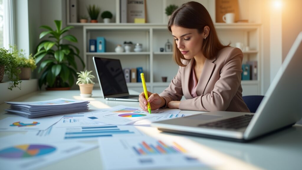 Person analyzing spending patterns with highlighter