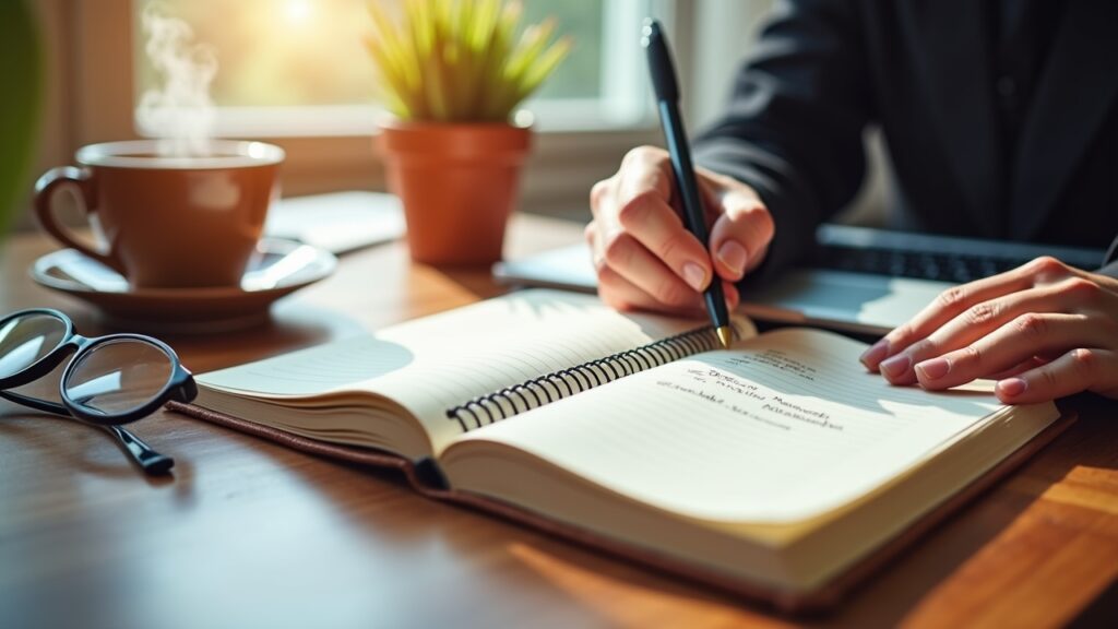 Person writing SMART financial goals in journal