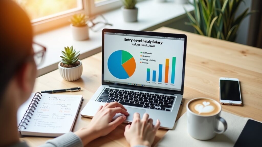 Entry-level salary budget breakdown on laptop
