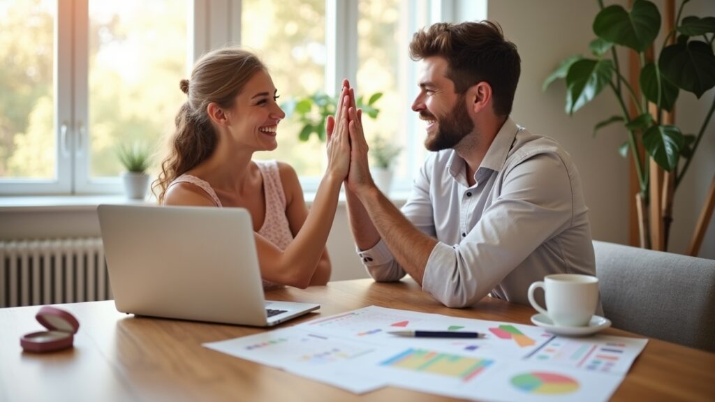 Happy couple with successful wedding budget plan