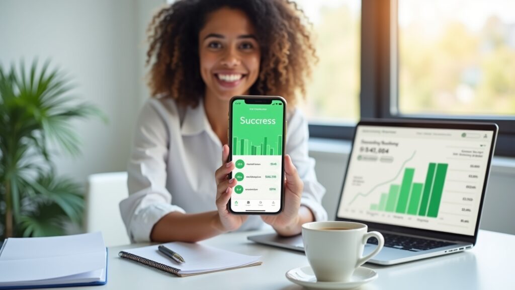 Person successfully using free budgeting app on phone