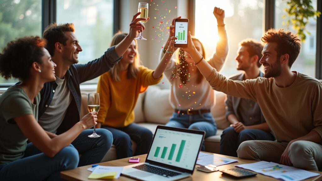 Young adult celebrating budget success with friends