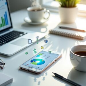 Smartphone displaying multiple budgeting app icons on screen with colorful financial charts