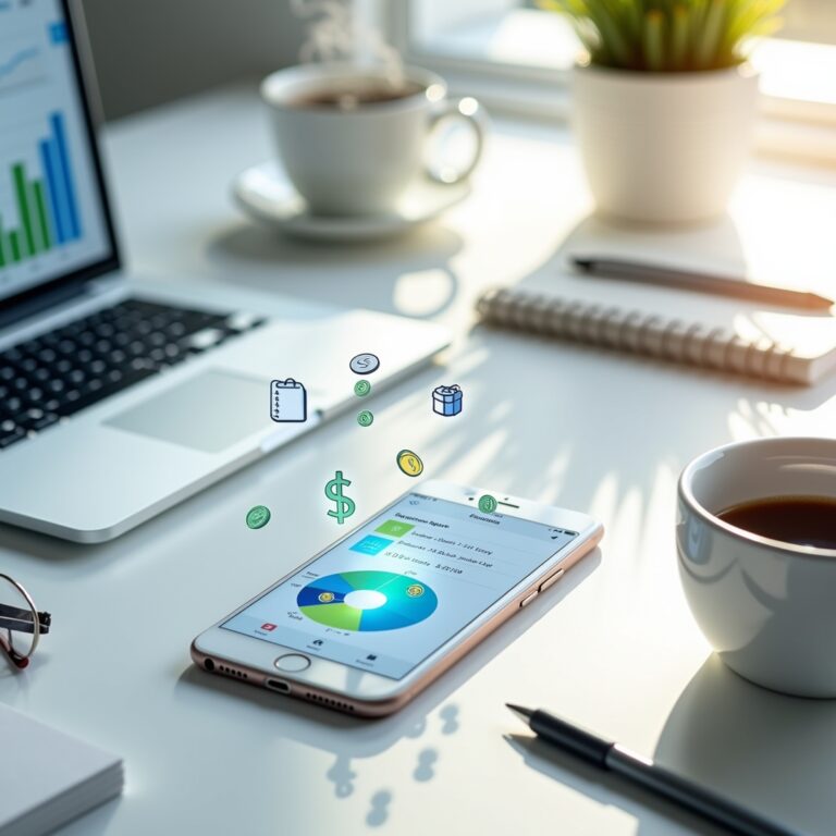 Smartphone displaying multiple budgeting app icons on screen with colorful financial charts