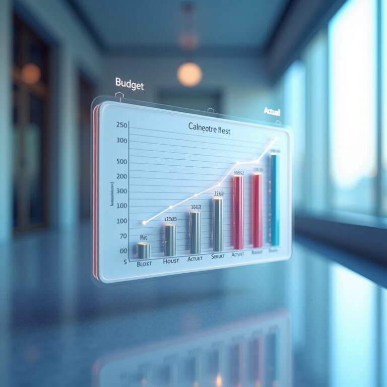 Computer screen showing budget vs actual spreadsheet with green and red cells