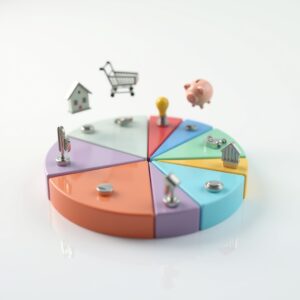 Pie chart showing budget category percentages with colorful segments