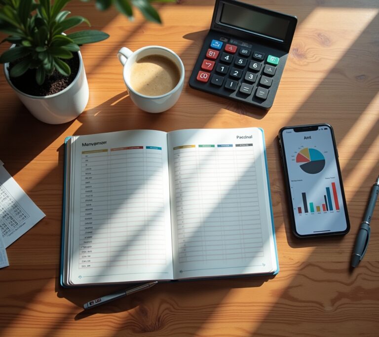 Collection of different budget planners arranged attractively on desk
