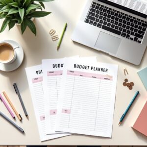 Colorful printed budget templates spread out on desk with pen
