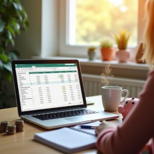 Clean desk setup with notebook, calculator, pen, and scattered bills ready for budgeting