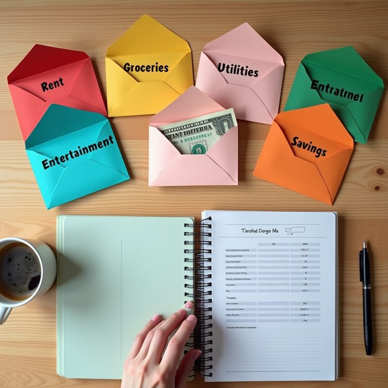 Cash-filled envelopes labeled with budget categories like groceries, gas, entertainment