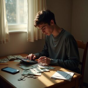 Person carefully counting small bills and coins on kitchen table