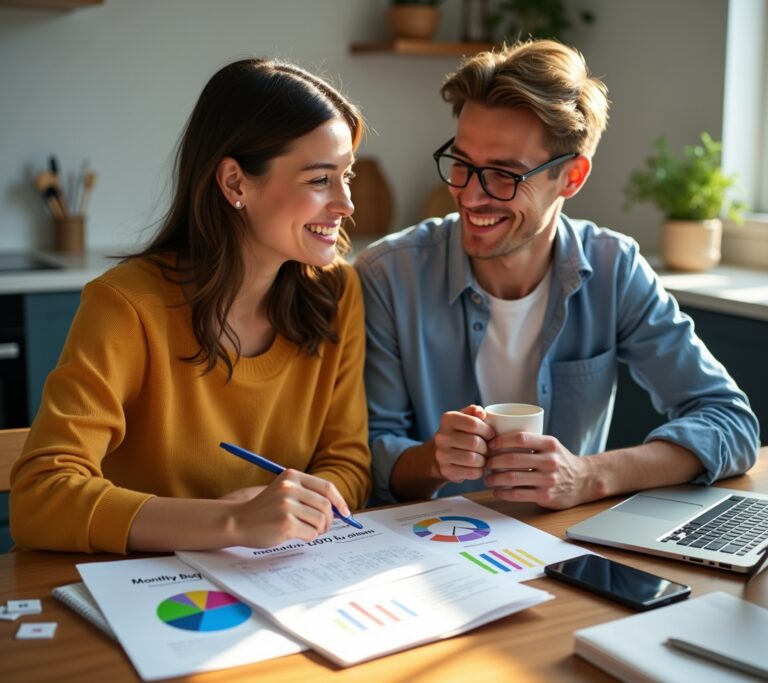 Couple sitting together at table discussing finances with documents
