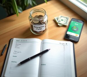 Small emergency fund jar with few bills and coins