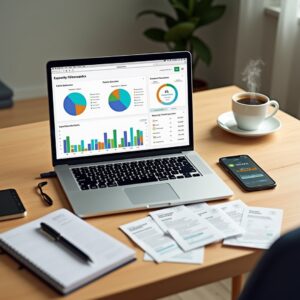 Smartphone with expense tracking app showing recent purchases and categories