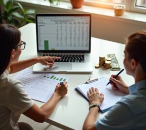 Two friends discussing budget goals over coffee