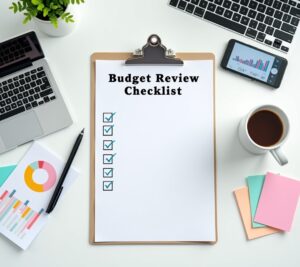 Person reviewing budget with checklist and highlighter